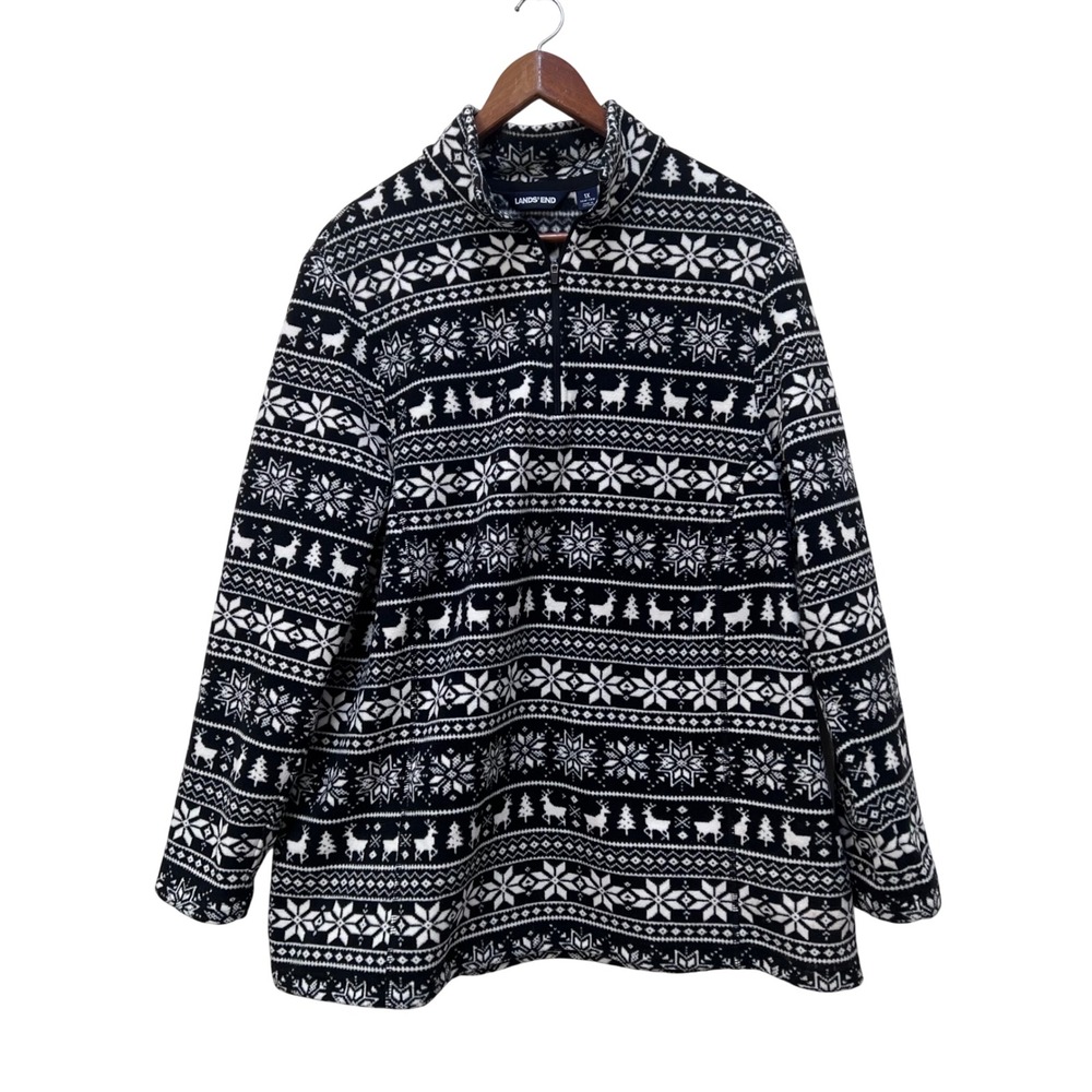 Lands End 1X Black White Snowflake Fair Isle Fleece 1/4โ Zip Pullover Sweater